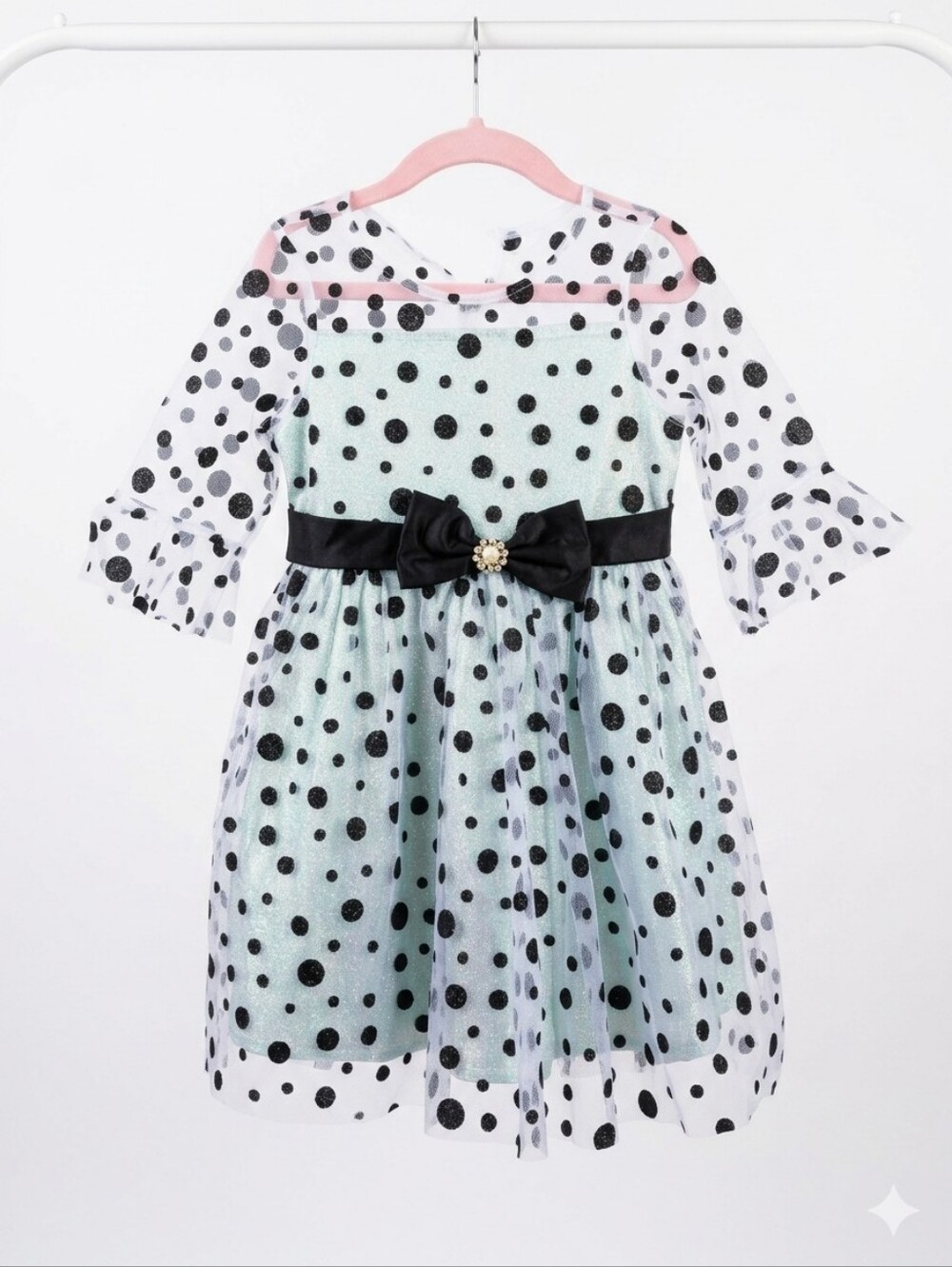 Girls Mint Dress with Black Polka Dots and Bow Size 4T